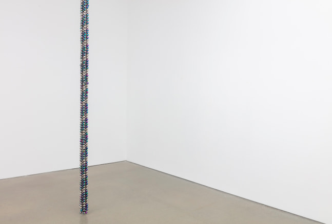 sonic celestial rope &amp;ndash; Iridescent dodecagon tight curl, 2021, pvd-coated stainless steel bells, stainless steel chains, quick links, split rings, 157.48 x 3.94 x 3.94 in