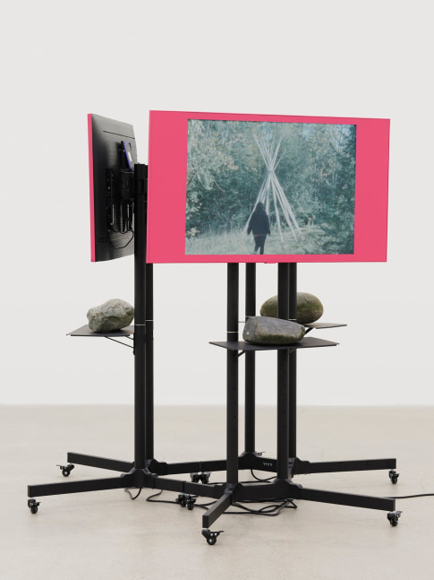 duane linklater,&amp;nbsp;primaryuse, 2020. lcd screens, television stands, media players, spray paint, stones, 3 super 8mm film transfers to 2k video with audio, score by eagles with eyes closed