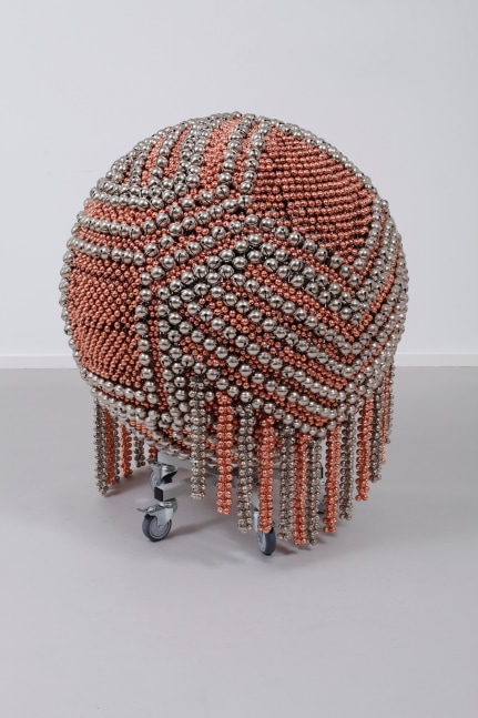 sonic sphere &amp;ndash; diagonally-ornamented copper &amp;nbsp;and nickel, 2015

steel stand, metal grid, powder coating, casters, nickel plated bells, copper plated bells, metal rings

38.98 x 32.28 x 32.68 in.