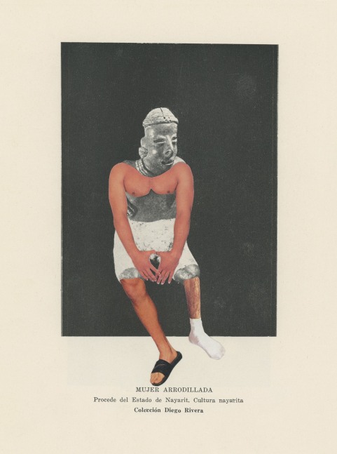 mujer arrodillada (gente del occidente de m&amp;eacute;xico), 2017-2019. collage on paper. 8 3/4 x 6 3/8 inches