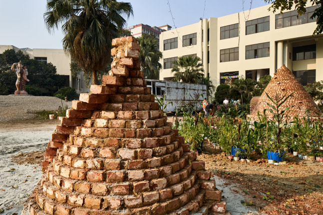 sisters; hermanas, 2019&amp;ndash;2020

bricks, corn, squash, chiles, beans

variable&amp;nbsp;dimensions