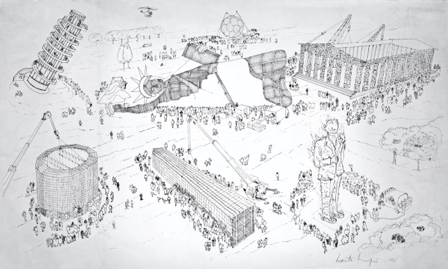 mitos populares desmitific&amp;aacute;ndose (popular myths demystified), 1986. ink, pencil, graphite, and felt pen on transparent paper 27 1/4 x 39 in (69.3 x 99.3 cm). daros latinamerica collection, zurich