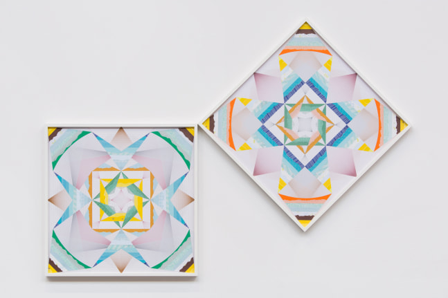kaleidoscopic tipping over &amp;ndash; trustworthy #243, 2015
various envelope security patterns, graph paper, framed, 2 pieces
28.43 x 28.43 in.&amp;nbsp;each