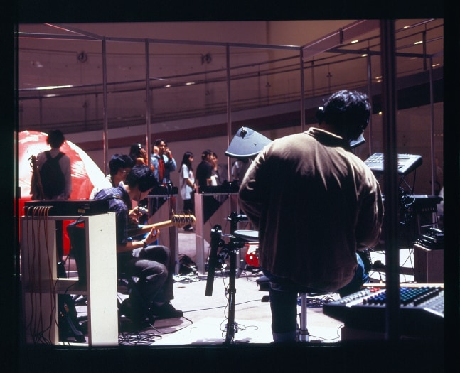 untitled 1996 (rehearsal studio no. 6, silent version), 1996
plexiglass, steel, musical instruments, amplifiers, headphones, archive recordings
variable dimensions

&amp;nbsp;