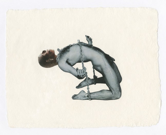 en mar abierto, lejos de la tierra, en este lejano exterior salado naufrag&amp;oacute; mi cuerpo pero nunca falleci&amp;oacute;, 2018. tinta, acr&amp;iacute;lico, tejido, gel, temple, brillantina y papel. 77 1/2 x 50 pulgadas