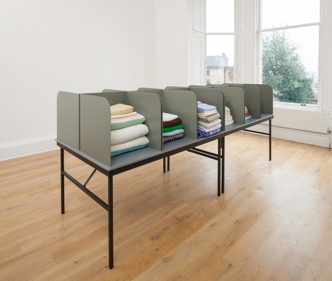 untitled polling table, 2014
collapsible tables, painted metal dividers, donated toiletries, linen
variable&amp;nbsp;dimensions&amp;nbsp;

&amp;nbsp;

&amp;nbsp;