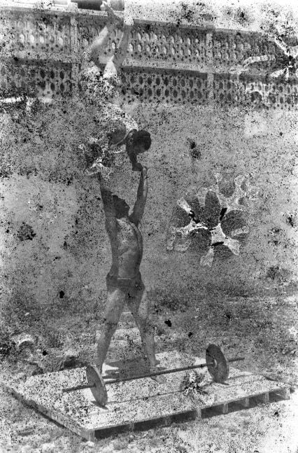 bodybuilders. printed from a damaged negative showing mahmoud el dimassy holding fadl kobeissy in saida, 1948, 2007

inkjet print

70.87 x 57.09 in.