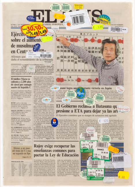 untitled (el pa&amp;iacute;s (all except red)), 2005
adhesive labels (peeled off fruit and other perishables and products) on newspaper
16.34 x 11.42 in.

&amp;nbsp;

&amp;nbsp;