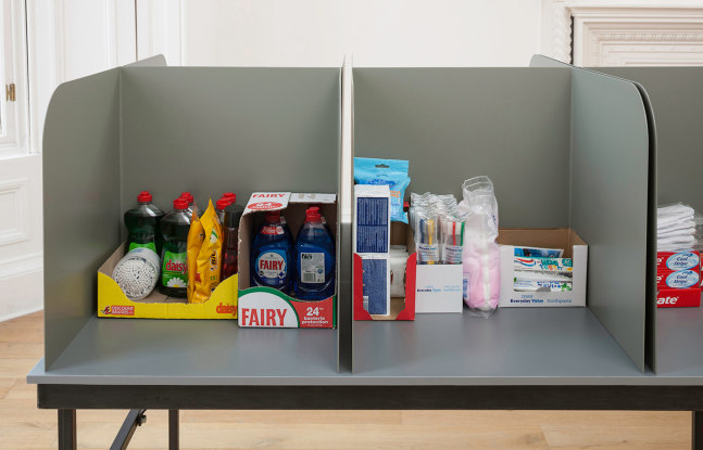 untitled polling table, 2014
collapsible tables, painted metal dividers, donated toiletries, linen
variable&amp;nbsp;dimensions&amp;nbsp;

&amp;nbsp;

&amp;nbsp;