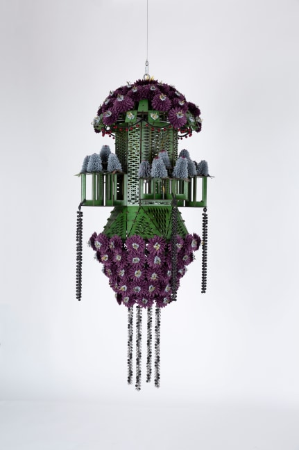mesmerizing pagoda &amp;ndash; overgrown ultramundane flowers, 2022, birch plywood, wood stain, stainless steel fully threaded bolt, stainless steel components, steel wire rope, hanji, powder-coated stainless steel and stainless steel bells, split rings, jute twine.

158 x 60 x 60 cm

photo: studio haegue yang