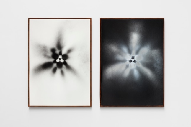 non-foldings&amp;ndash;cosmic explosion #6, 2012, spray paint on paper, framed

48.43 x 34.45 in each

50.16 x 36.14 in each framed