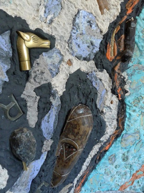 uncomfortable objects, 2012
plaster, pigments, stones, shells, masks, fabric, glass, wood, clay, diverse objects mounted on a steel frame
236.22 x 157.48 x 118.11 in&amp;nbsp;(detail)

&amp;nbsp;

&amp;nbsp;