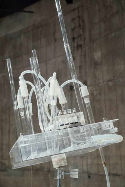 the reverse collection, the aquaflute, 2014 - 2016

instrument made out of plastic, glass and pistons

8 flutes are mounted on a recipient filled with water and fixed to a rotative tripod

the aquaflute can be blown into, or played automatically with compressed air

instrument made by thierry madiot in paris, france, august 2014 &amp;amp; march 2016