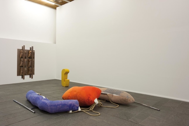 fluffing the pillows I (moorings, gurneys, silos), 2012

casted painted aluminium, fabric, rubber, pleather, hemp rope, chromed pole
variable&amp;nbsp;dimensions&amp;nbsp;

&amp;nbsp;

&amp;nbsp;