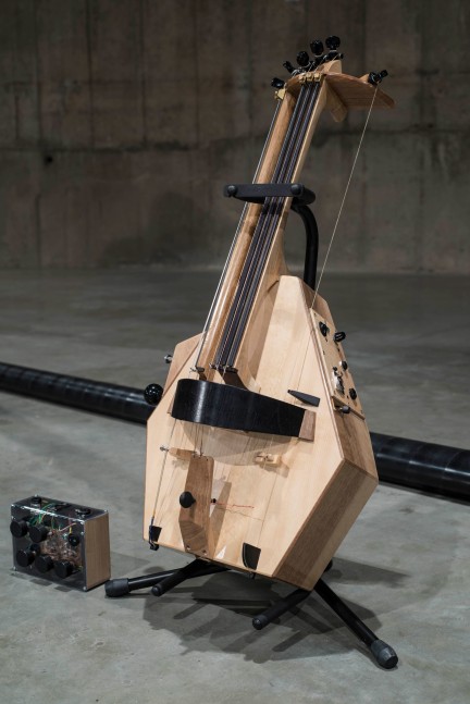 the reverse collection, the hybrid violin, 2014

an augmented version of the medieval hurdy-gurdy

continuous sound is produced by a wheel that excites strings of different diameters and materials

the hybrid violin also has a digital extension called the trublion - a module that allows any exterior sound source to impact the speed and rhythm of the motor activating the strings

instrument made by leo maurel in strasbourg, france, 2014