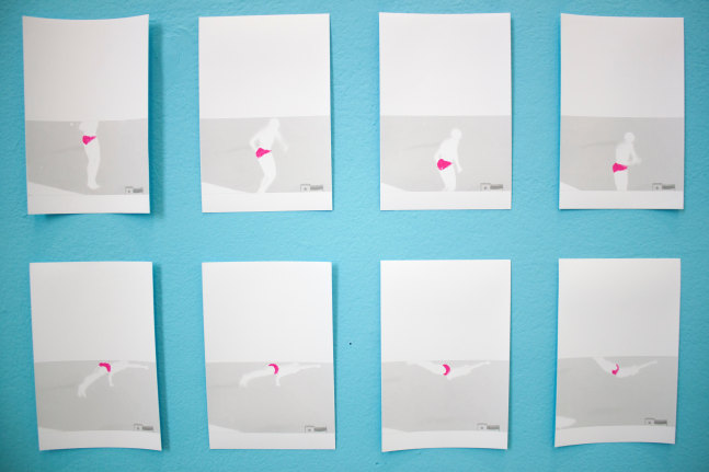 In this picturesque and storied country II, 2021; hand-intervened film stills mounted on a wall, inkjet and watercolor on opaline paper, variable dimensions installed (detail)