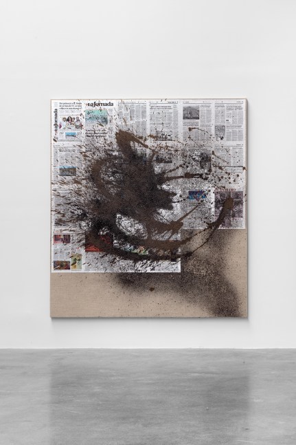 Rirkrit Tiravanija, untitled 2022 (february 16 , 2021), mezcal, clay with acrylic and ashes on newspaper on linen