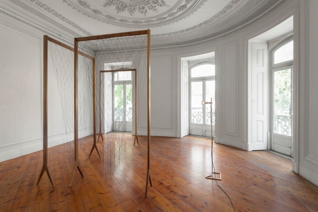 the thread is so tiny, that the eye, though armed with a magnifying glass, suspects it, rather than use it II, 2013

ipe wood, tola wood, nylon yarn, lamps, brass, iron, bulbs, electrical cable

variable dimensions
installation view, kunsthalle lissabon, lisbon, 2013

&amp;nbsp;