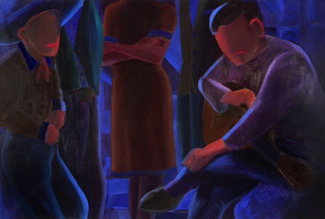 exterior noche - pedro y compañía, 2020; oil on canvas, 85 x 125 cm (33.46 x 49.21 in.)