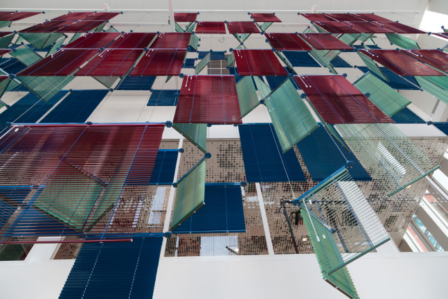 dispersed three in live conjunction &amp;ndash; middling mountainous curtain, 2015

aluminum venetian blinds, aluminum hanging structure, powder coating, steel wire

309.45 x 448.82 x 31.5 in.

installation view, malm&amp;ouml; live, sweden, 2015