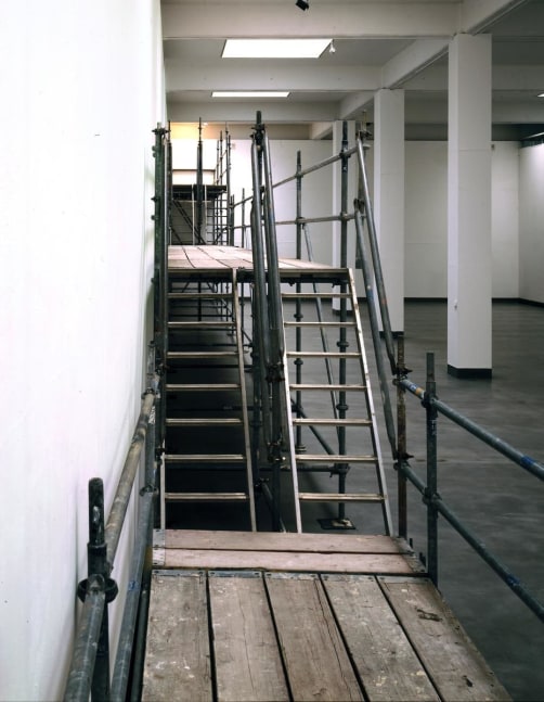 seconds after the dive, 2005

scaffolding and framed postcard at the end of the trail

scaffolding: variable dimensions

&amp;nbsp;

&amp;nbsp;