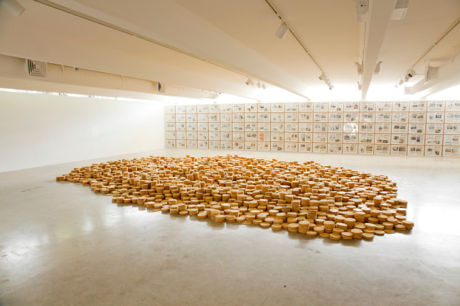 untitled 2011 (el gusano), 2011
acrylic on newspaper (set of 110 drawings) and 40,000 clay tortillas
14.96 x 22.64 in. each&amp;nbsp;drawing, 5.12 in.&amp;nbsp;diameter each tortilla

&amp;nbsp;

&amp;nbsp;