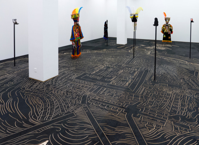 nuremberg map of tenochtitlan, 2013
woodcut with a cnc router, costumes, embroideries, masks
590.5&amp;nbsp; x 374.01 in

&amp;nbsp;

&amp;nbsp;