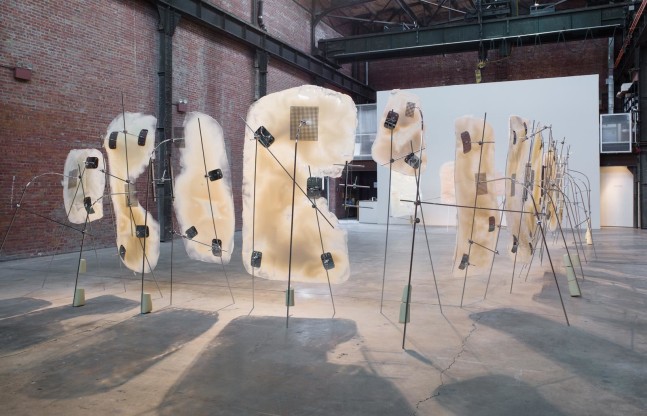 retainer, 2013

casted aluminium, silicon, polycarbonate, chromed metal, print, painted metal, rubber

variable&amp;nbsp;dimensions

installation view, sculpture center, new york, 2013&amp;nbsp;

&amp;nbsp;