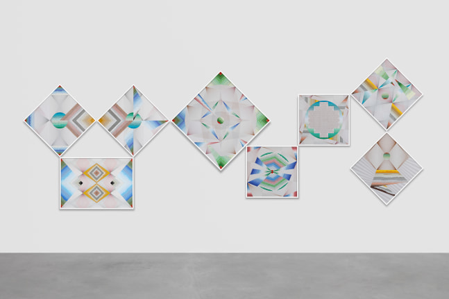 tender radiant flow&amp;ndash;trustworthy #249, 2015, set of 8. various envelope security patterns, graph paper, framed either, 28.43 x 28.43 in or 40.24 x 40.24 in each