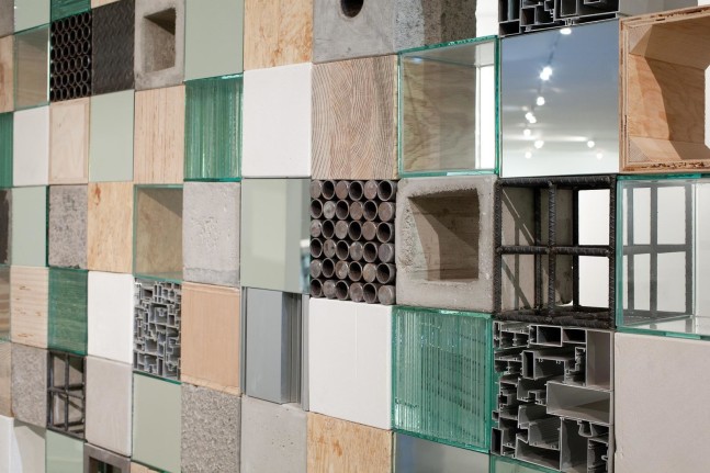 muro de construcci&amp;oacute;n, 2011

wood, metal, plaster, cement, stone, glass, mirror, ironworks, brick

installation: 78.74 x 188.98 x 7.87 in. each cube: 7.87 x 7.87 x 7.87 in.

&amp;nbsp;