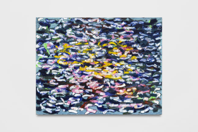 study for social cataracts, 2021, pigmento azul maya, &amp;oacute;leo, barra de &amp;oacute;leo y pintura en aerosol sobre lienzo, 122 x 140 cm