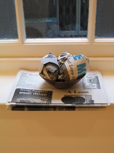 the recurrence of the sublime, 2003
bowl, 3 avocados wrapped in newspaper from the day of the moonlanding july 21, 1969
5.51 in. height, 7.87 in.&amp;nbsp;diameter

&amp;nbsp;