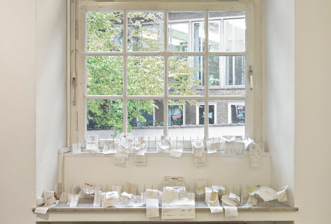 untitled (window and sales tickets), 2004
anti-pidgeon spikes on window ledges, sales tickets and receipts
variable&amp;nbsp;dimensions&amp;nbsp;

&amp;nbsp;

&amp;nbsp;