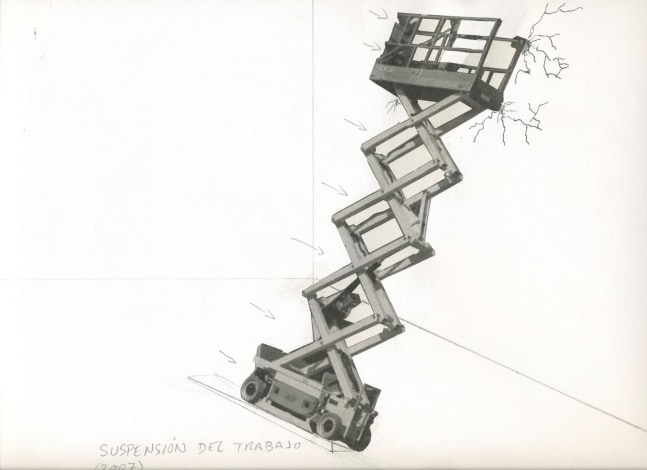 suspensi&amp;oacute;n del trabajo (conducir un andamio neum&amp;aacute;tico sobre una rampa para que caiga sobre la pared del museo), 2007

collage, l&amp;aacute;piz y tinta sobre papel

22 x 30 cm

&amp;nbsp;

&amp;nbsp;
