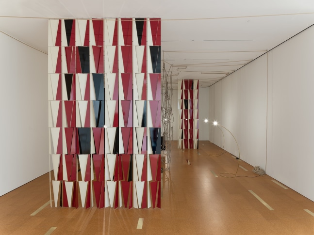 a skylight alley running sideways, 2016

powder coated brass plates, micro cable, stainless steel and brass beads

168 x 102 x 6 in.
installation view of a spiral staircase leads down to the garden,&amp;nbsp;san francisco museum of
modern art, 2016

&amp;nbsp;