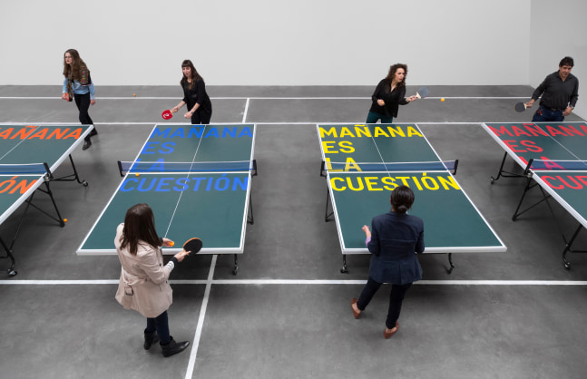 untitled 2012 (ma&amp;ntilde;ana es la cuesti&amp;oacute;n), 2012

silkscreen on set of three ping pong tables and paddles, lime tennis court tracing
36.61 x 108.66 x 64.96 in. each