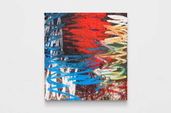 manifestation, 2024, &amp;oacute;leo, barra de &amp;oacute;leo, pintura en aerosol, tierra y grafito sobre lienzo y lino, 150 x 140 cm