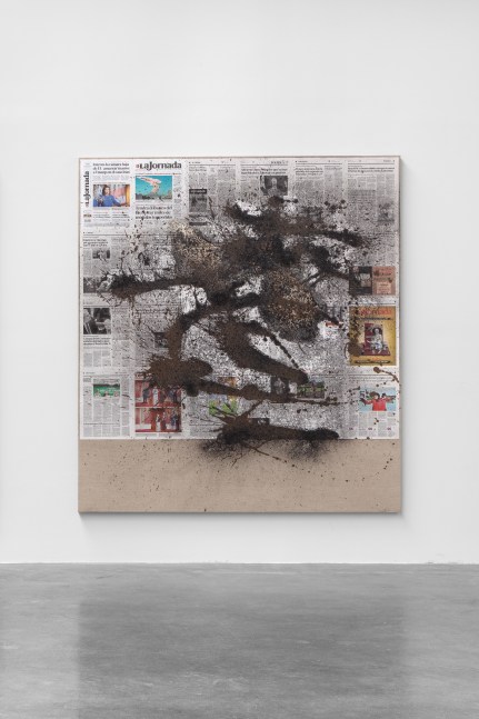 Rirkrit Tiravanija, untitled 2022 (january 10, 2022), pulque, clay with acrylic and ashes on newspaper on linen