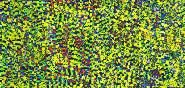 soliloquio de emociones encontradas (soliloquy of mixed emotions), 2011. acrylic and tempera on hand-cut mattress fabric strips glued with vinyl adhesive on canvas, 94 1/2 x 189 in (240 &amp;times; 480 cm). &amp;copy; marta minuj&amp;iacute;n