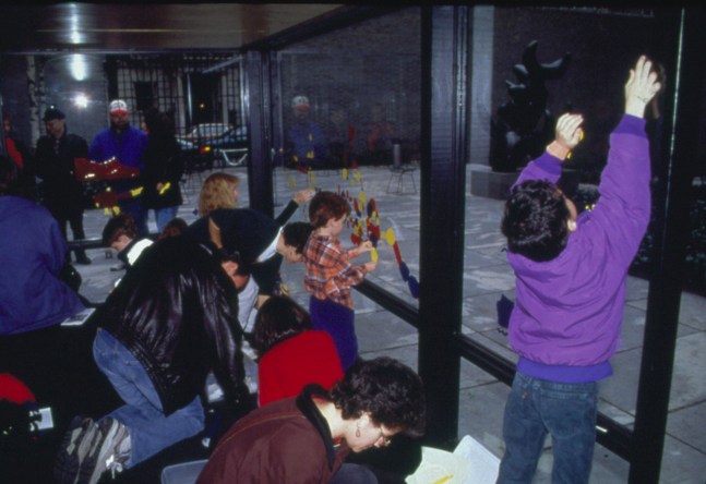 untitled 1997 (playtime), 1997
wood, glass, grey carpet, video monitor, video with excerpts from playtime (france 1967, directed by jacques tati), children&amp;#39;s activities.
variable dimensions

&amp;nbsp;