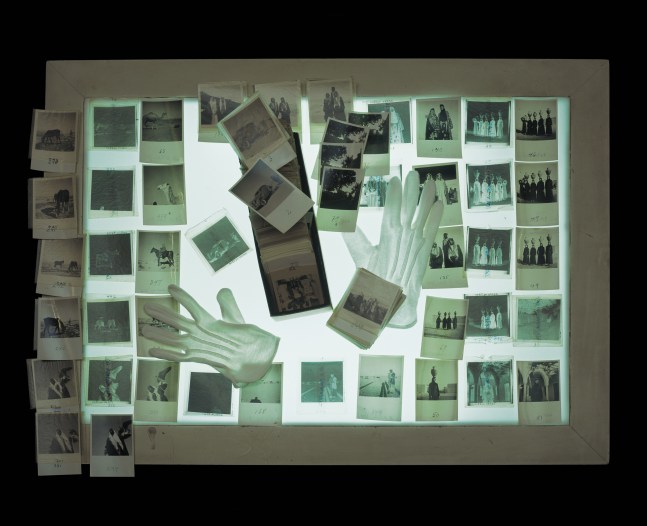 the desert panorama. 16 negative sheets (2.36 x 2.36 in.), 33 contact prints, a tray of negatives and contact prints, with white cotton gloves on light table

c-print, set of 3

35.83 x 44.09 in.

&amp;nbsp;