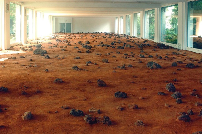 spirit and opportunity, 2004
concrete, tennis court clay, lava stones
overall dimensions 19.69 x 393.7 x 1574.8 in

&amp;nbsp;

&amp;nbsp;