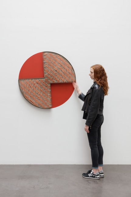 sonic rotating geometry type d &amp;ndash; copper and nickel plated #45, 2015, steel sheet, powder coating, ball bearings, metal grid, copper plated bells, nickel plated bells, metal rings, 39.37 x 30.71 x 3.15 in.