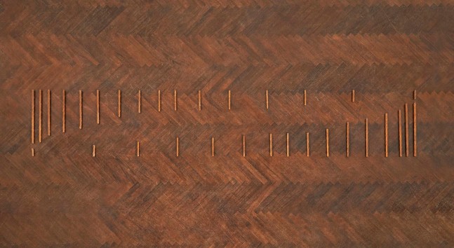 Carl Andre
32-Part Reciprocal Invention
1971
steel reinforcing rod
32-unit double parallel rows, 16 units each row; intervals between units determined reciprocally by lengths of units; 28 3/8 inches (72 cm) constant width overall&amp;nbsp;