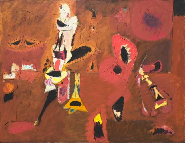 Arshile Gorky Agony 1947 oil on canvas 40 x 50 1/2 inches (101.6 x 128.3 cm)  The Museum of Modern Art, New YorkAlexander Calder  Untitled  c. 1952  sheet metal, wire, and paint  58 x 71 inches (147.3 x 180.3 cm)  Calder Foundation, New York