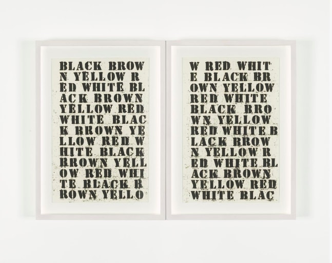 Glenn Ligon
Untitled (Black, Brown, Yellow, Red, White)
1991
pencil and paint stick on paper
in two parts, each: 13 1/2 x 9 inches (34.3 x 22.9 cm)&amp;nbsp;