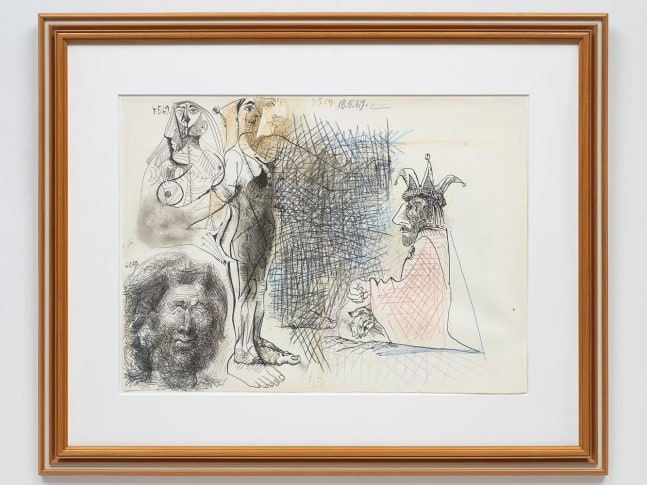 Pablo Picasso Nus, Tête d'Homme et Personnage Assis 1969 ink and colored pencil on paper 23 x 31 1/2 inches (58.4 x 80 cm) framed dims:  36 h x 44 1/2 x 1 1/4 in.