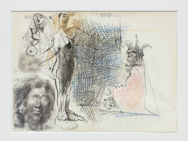 Pablo Picasso

Nus, T&amp;ecirc;te d&amp;#39;Homme et Personnage Assis

1969

ink and coloerd pencil on paper

23 x 31&amp;nbsp;&amp;frac12; inches (58.4 x 80 cm)