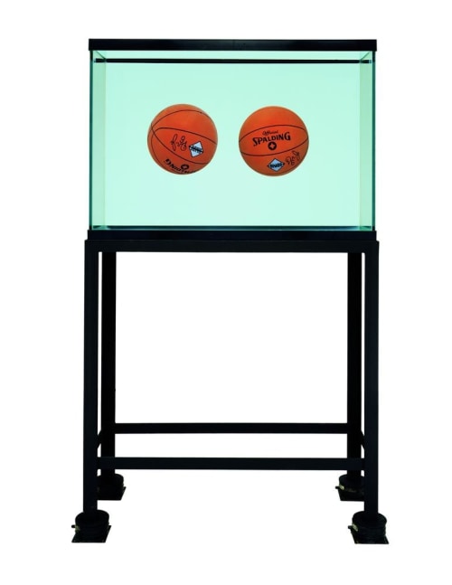Jeff Koons
Two Ball Total Equilibrium Tank (Spalding Dr. J Silver Series)
1985
glass, steel, sodium chloride reagent, distilled water, two basketballs
62 3/4 x 36 3/4 x 13 1/4 inches (159.4 x 93.3 x 33.7 cm)