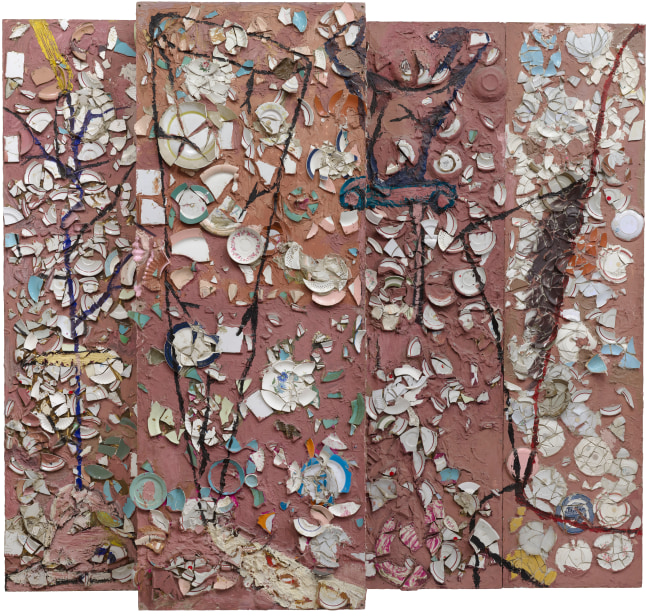 JULIAN SCHNABEL
The Patients and the Doctors
1978
oil, plates, and bondo on wood
98 x 108 x 12 inches (248.9 x 274.3 x 30.5 cm)
Collection of the Artist&amp;nbsp;